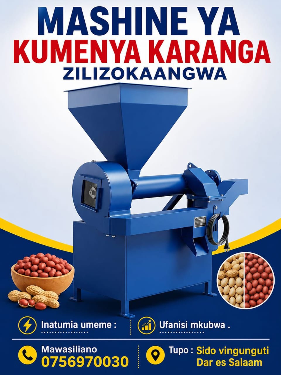 Mashine ya Kumenya Karanga Zilizokaangwa (Roasted Peanut Peeler & Separator Machine)